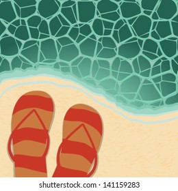Vector retro summer background illustration with ocean, beach and flip-flops