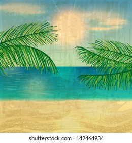 Vector retro summer background illustration with ocean, palm leaves, beach and sunset