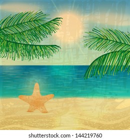 Vector retro summer background illustration with ocean, palm leaves, beach and sunset