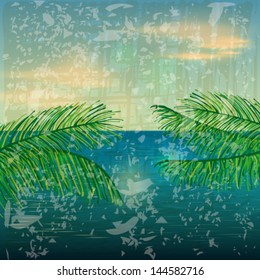 Vector retro summer background illustration with ocean, palm leaves and sunset