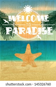 Vector retro summer background illustration with text, ocean, palm leaves, starfish, beach and sunset