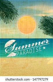 Vector retro summer background illustration with text, ocean, palm leaves, beach and sunset