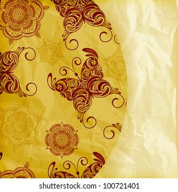vector retro summer  background with vintage butterflies and floral pattern, place for your text, crumpled paper texture, gradient mesh