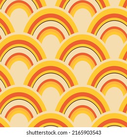 Vector retro summer geometric seamless pattern with stripe. Vintage print rainbow orange, yellow colors, flat style. 1970s abstract aesthetic background.