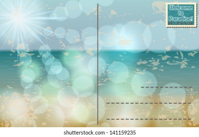 Vector retro summer postcard illustration with glittering light, ocean and beach