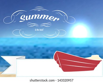 Vector retro summer postcard or poster, background with beach and boat