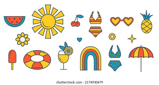 Vector retro summer set. Swimwears, tropical fruits, umbrella and ice cream. Sunglass and rubber ring. Groovy beach. Good vibes.