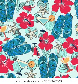 Vector Retro Summer vacation concept pattern. Vintage hand drawn seamless texture with beach objects: hibiscus, cocktail, sea star, flip flops. Decorative Seamless pattern with sea elements. 