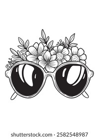 Vector retro sunglasses women's vintage style, floral arrangement, rose, peony, leaves, black and white illustration, isolated, print, sketch