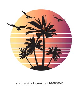 Vector retro sunset with birds and palm trees.