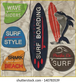 vector retro surf label set.Shark cartoon hero.