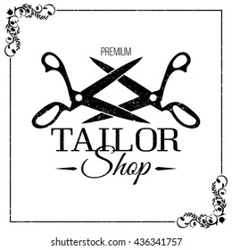 Vector retro tailor shop banner. Logo sewing shop or sewing studio. Sewing supplies - Tailor scissors with black and white vector grunge texture.