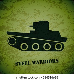 Vector retro tank on green grunge highlight background.