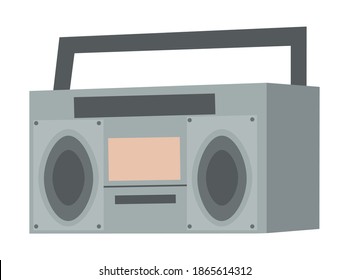 Vector retro tape recorder for audio cassettes. Magnetic cassete player isolated on white background. Music boombox flat image modern trendy design. Concept of street art, vintage gray audio system