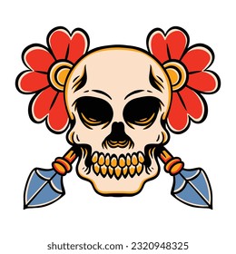 Vector Retro Tattoo Illustration of Skull Head with Arrow