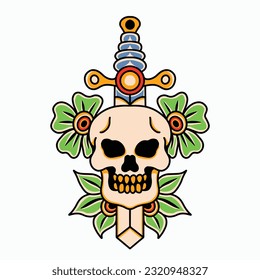 Vector Retro Tattoo Illustration of Skull Head and Sword