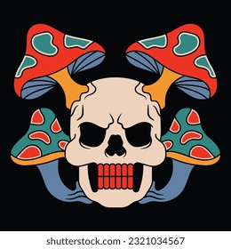 Vector Retro Tattoo Illustration of Skull Head with Mushroom