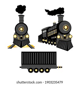 Vector retro train. Black locomotive and freight car with gold details isolated on a white background