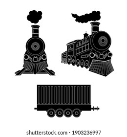 Vector retro train. Black locomotive and freight car isolated on a white background