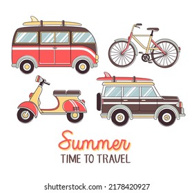 Vector retro transport set with text. Cool doodles of vintage voyage cars, scooter and bike with surf boards to travel on coast vacation. Ideal for posters, greeting cards, summer party invitations.