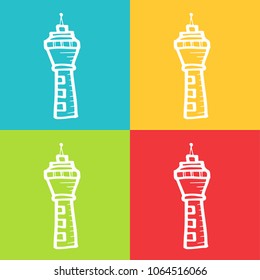 Vector Retro of Travel Airplane Airport Tower with Blue, Yellow, Green, Red. Flat Line Icon Logo, Sign, Symbol, Object. Graphic Design Element, Illustration, Poster, Print.