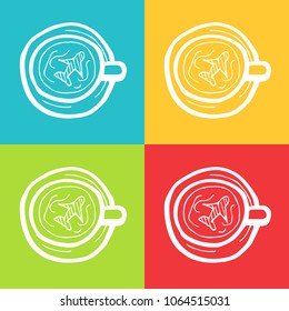 Vector Retro of Travel Coffee Drink Airplane with Blue, Yellow, Green, Red. Flat Line Icon Logo, Sign, Symbol, Object. Graphic Design Element, Illustration, Poster, Print.