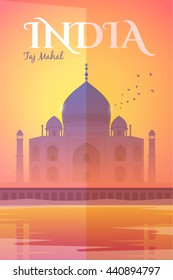 Vector retro travel poster. The Taj Mahal in the pink haze at sunset. Vacation in India. Flat design.