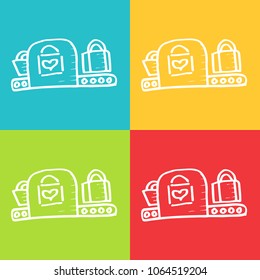 Vector Retro of Travel Security Bag Airport with Blue, Yellow, Green, Red. Flat Line Icon Logo, Sign, Symbol, Object. Graphic Design Element, Illustration, Poster, Print.