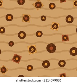 Vector retro turntable record players and vinyl records seamless repeat pattern background. Perfect for fabric, wallpaper, wrapping paper, scrapbooking projects. 