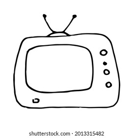 Vector retro TV. Rectangular shaped TV with antenna and buttons hand-drawn in the doodle style, black isolated line on a white background for a vintage design template
