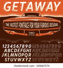 Vector Retro Type Font In Movie Poster Style. Plain And Outline Styles. Vintage Alphabets With Grunge Elements