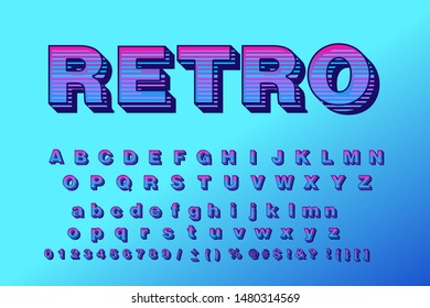 Vector retro typeface 3d bold typography sans serif style for poster, decoration, promotion, book, t shirt, sale banner, printing on fabric. Cool modern alphabet. Trendy font. 10 eps