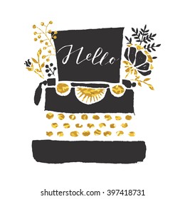 Vector retro typewriter with gold glittering textured flowers and message.