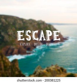 Vector Retro Typography. Travel Label In Blurred Cliff Landscape Background. Quote 