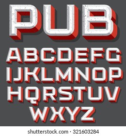 Vector retro typography. Vintage 3d font. Volume beveled letters