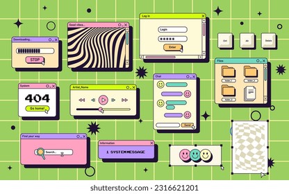 Vector retro ui screen or gui window on background. Set of vintage elements for pc or computer os. 90s or 80s frames with buttons for desktop interface. Collection of dialog box in old style.