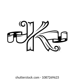 Vector retro uppercase k letter logo design compiled of ribbons on white background