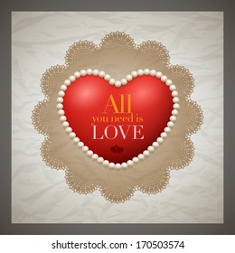 Vector retro Valentine's Day greeting card design template with wrinkled paper background. Elements are layered separately in vector file.