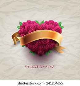 Vector retro Valentine's Day greeting card design template with roses and wrinkled paper background. Elements are layered separately in vector file.