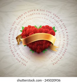Modelo de diseño de tarjetas de felicitación para el Día de San Valentín con rosas y fondo de papel arrugado. Los elementos se clasifican por separado en el archivo vectorial.