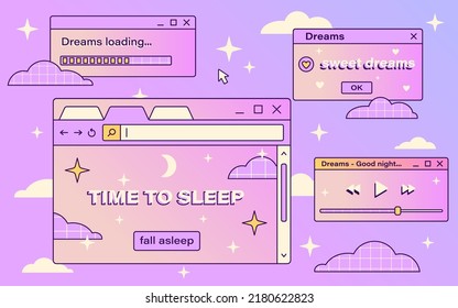 Vektor Retro-Vaporwave-Computer-Schnittstelle. Cute Illustration mit Sweet Dreams und Good Night Nachrichten. Wolken und Sterne. Magischer Desktop.