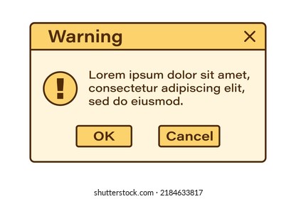 Vector retro vaporwave modal window. Vintage warning dialog windows. Nostalgic UI. Retro computer interface. Warning message.