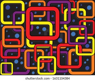 Vector retro video game style illustration of bright multi colored hollow boxes layered grid style with bubble circles on black background easy to edit
