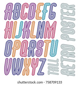 Vector retro vintage capital English alphabet letters collection. Funky italic tall font, typescript can be used in art creation. Made with triple stripy decoration.