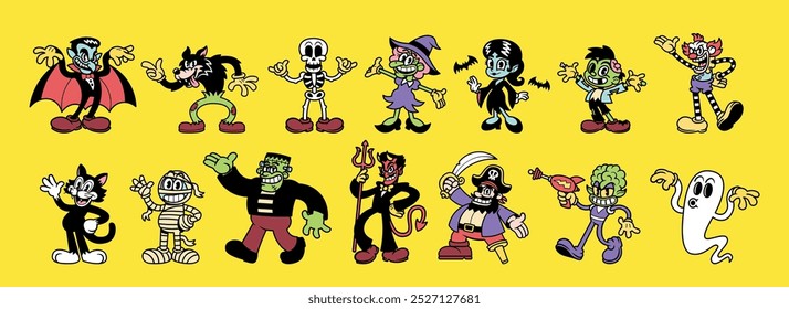 Vector Retro Vintage Cartoon Halloween Characters Illustration Isolated