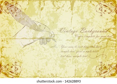 Vector retro vintage design - old yellow paper with patterns. The image of the hand with a pen