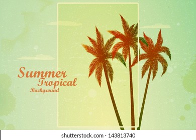 Vector retro vintage design - summer tropical landscape with palm trees. Vector card