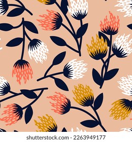 Vector Retro Vintage Festive Abstract Spring or Summer Floral Seamless Surface Pattern for Products, Fabric or Wrapping Paper Prints.