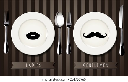 Vector of Retro vintage gentlemen and ladies sign symbols on plate. table setting concept.