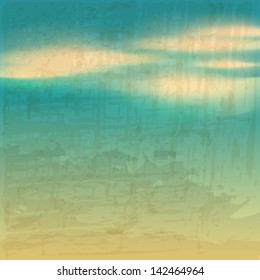 Vector retro, vintage illustration of beautiful blue sky with clouds
